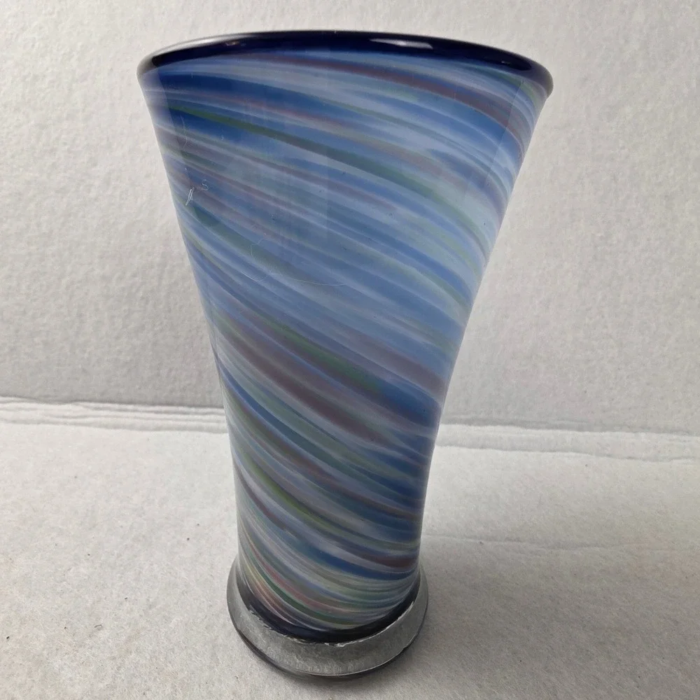 Hand Blown Art Glass Swirl Vase Blue Purple Green Marbled Tapered 7.25 inch